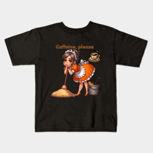 A drawing of a young woman cleaning the house and wanting a cup of coffee. Kids T-Shirt